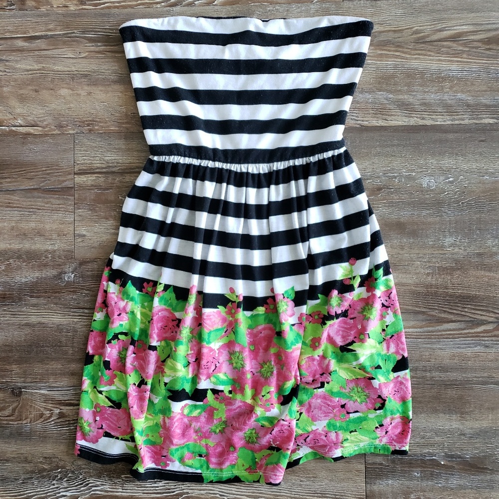 Strapless Striped and Flower Dress with Bow Back